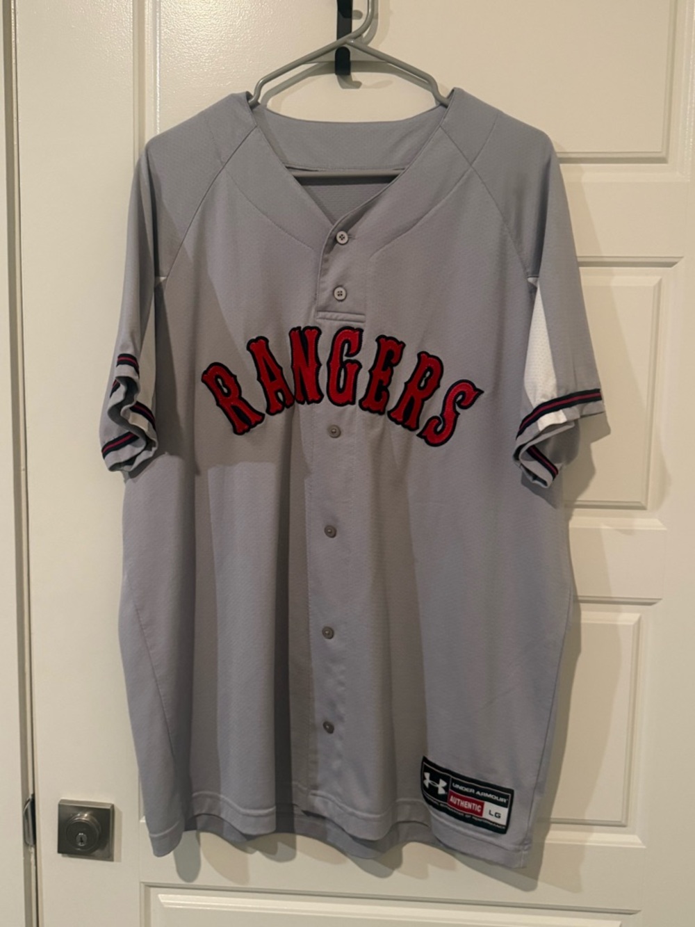 Under Armour Light Gray and Red Rangers Baseball Jersey